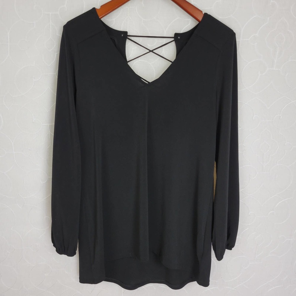Express Womens Tunic Top Sz M Black V-neck Lace Up Back Oversized Long Sleeve
